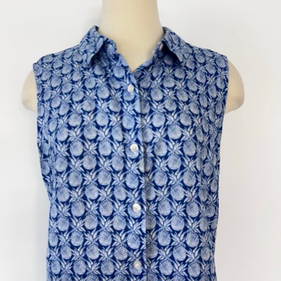 Tommy Bahama Linen Pineapple Print Button Down Sleeveless Blouse Blue White | XL - Picture 2 of 9